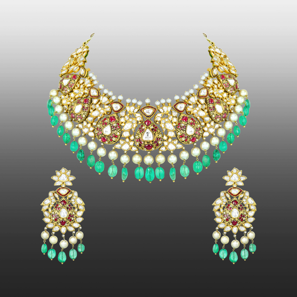 Polki Necklace Set with Red Stones, Emerald Beads, and Pearls